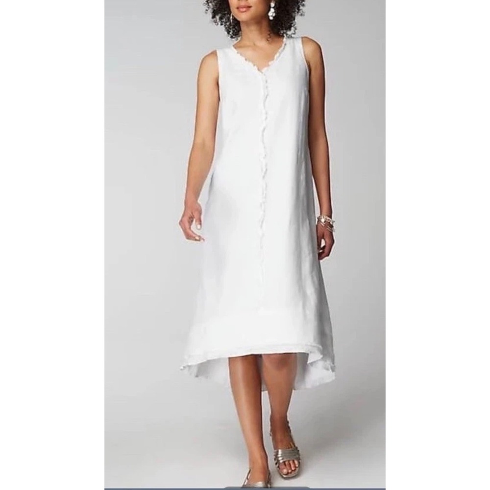 Pure Jill Elements Linen White Elliptical High Low Sleeveless Dress Lagenlook Lg